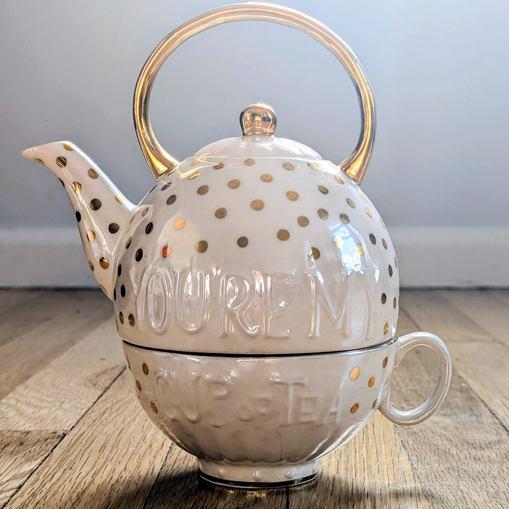 Anthropologie Sweet Sentiment You’re My Cup Of Tea Teapot Teacup Set - Picture 2 of 4